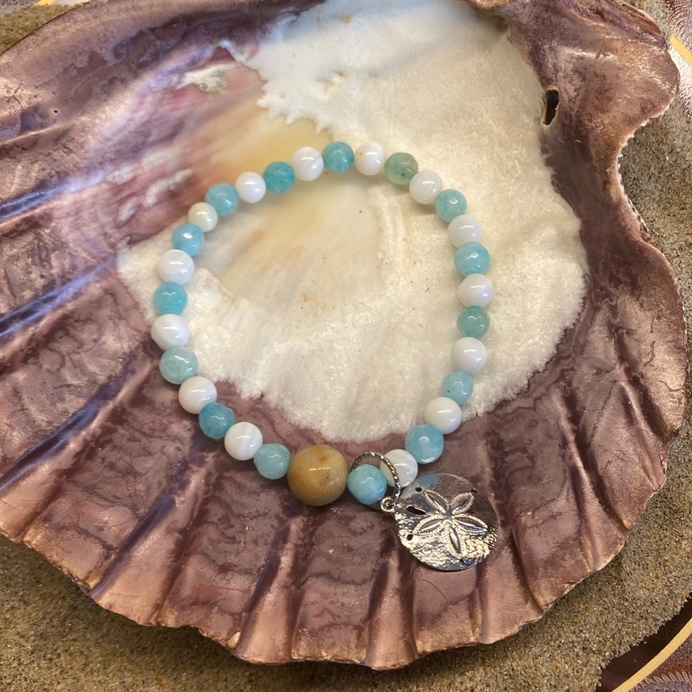 M39 Handmade Aquamarine Shell and Jasper Bracelet Beach Summer Vibes Mermaid